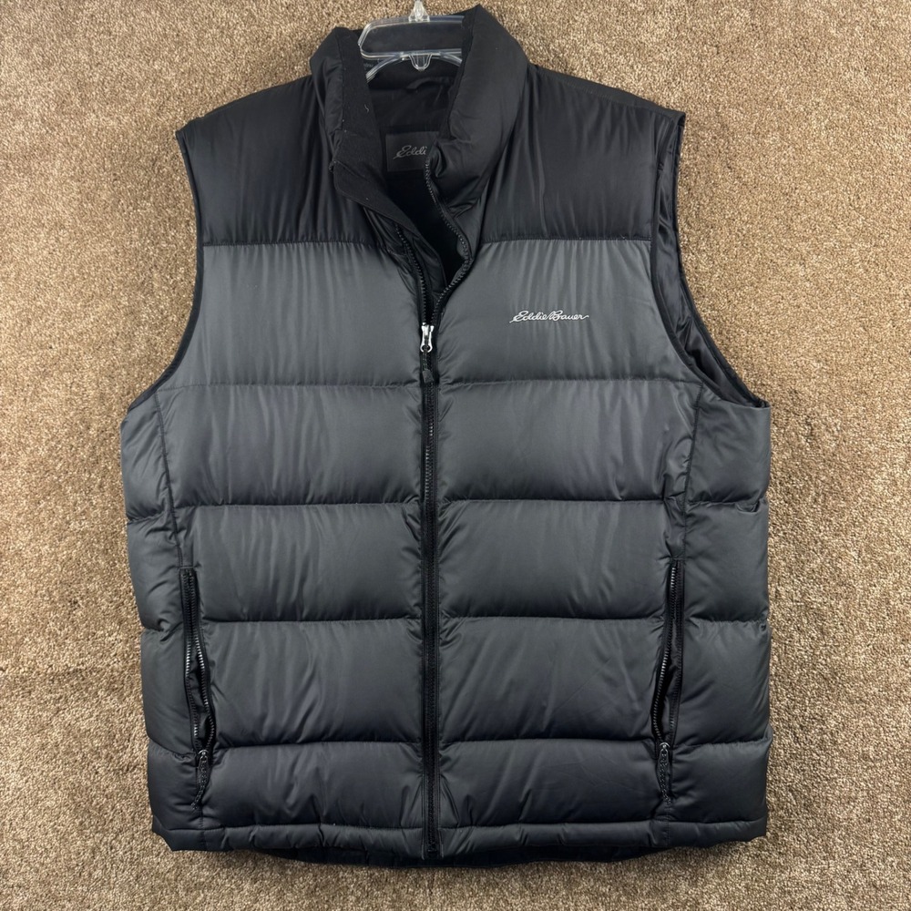 Eddie Bauer Mens EB650 Down Puffer Vest Black Grey Colorblock Full Zip Large
